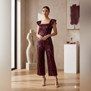 Gal Meets Glam Sequin Jumpsuit | Burgundy Flutter Sleeve Party Outfit | Sz 2